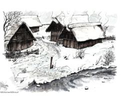 Restitution d'un hameau de l'âge du Fer, rue du Mont d'Or, Lyon feldrik rivat illustration restitution hameau age du fer